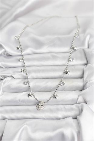 Pirinç Gümüş Renk Zirkon Taşlı Kutup Yıldızı Model Kadın Kolye