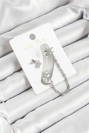Pirinç Kelebek Figürlü Zirkon Taşlı Gümüş Renk 3lü Kıkırdak Kadın Küpe Set