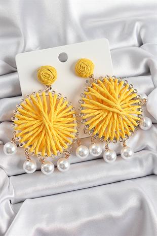 Sarı Hasır Örgü Sarmal Model Sallantılı İnci Detaylı Gold Renk Kadın Küpe