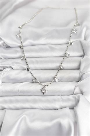 Zirkon Taşlı Kutup Yıldızı Model Pirinç Gümüş Renk Kadın Kolye