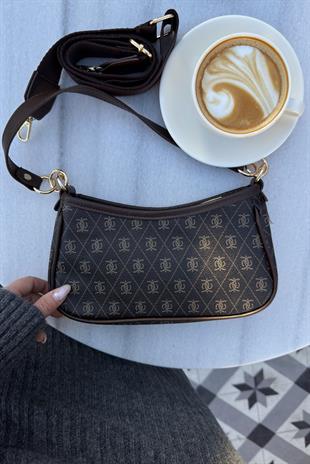 Koyu Kahverengi Farme Monogram Baget ve Çapraz Çanta