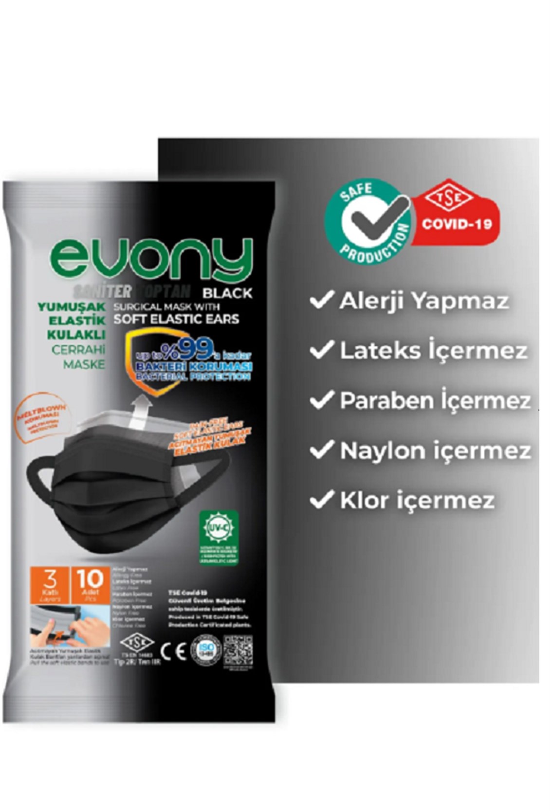 Evony Siyah Elastik Kulaklıklı Cerrahi Maske 10 Lu 2 Pk = 20 Adet