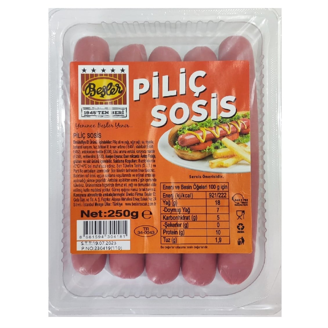 Beşler Piliç Sosis Uzun 250 gr