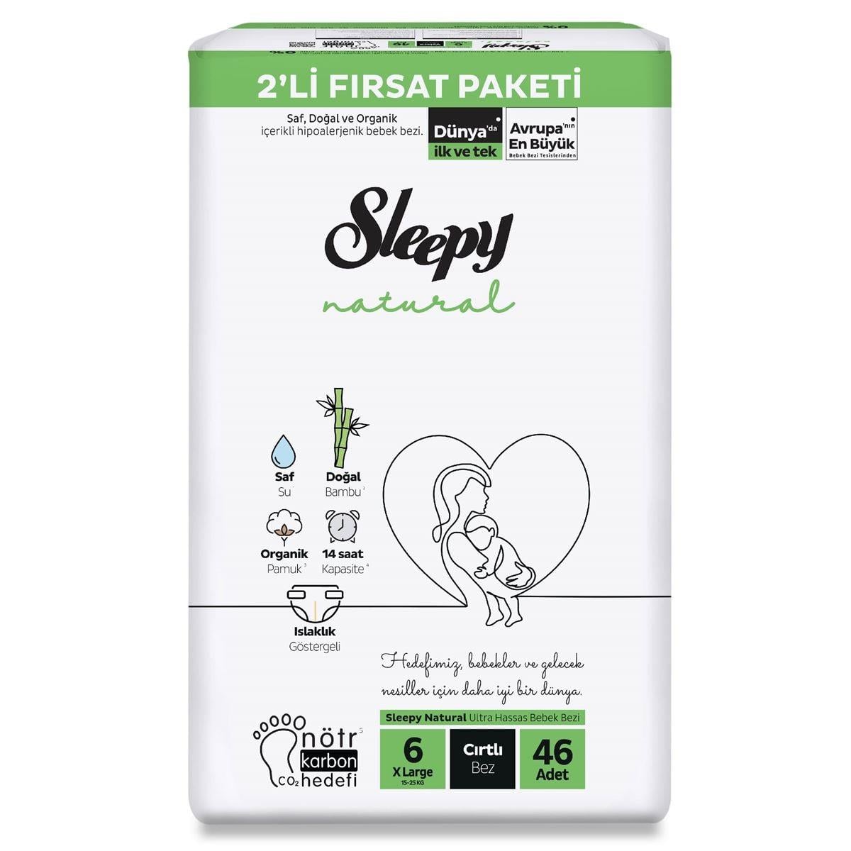 Sleepy Natural 2'li Fırsat Paketi 6 Numara Xlarge Bebek Bezi 46 Adet