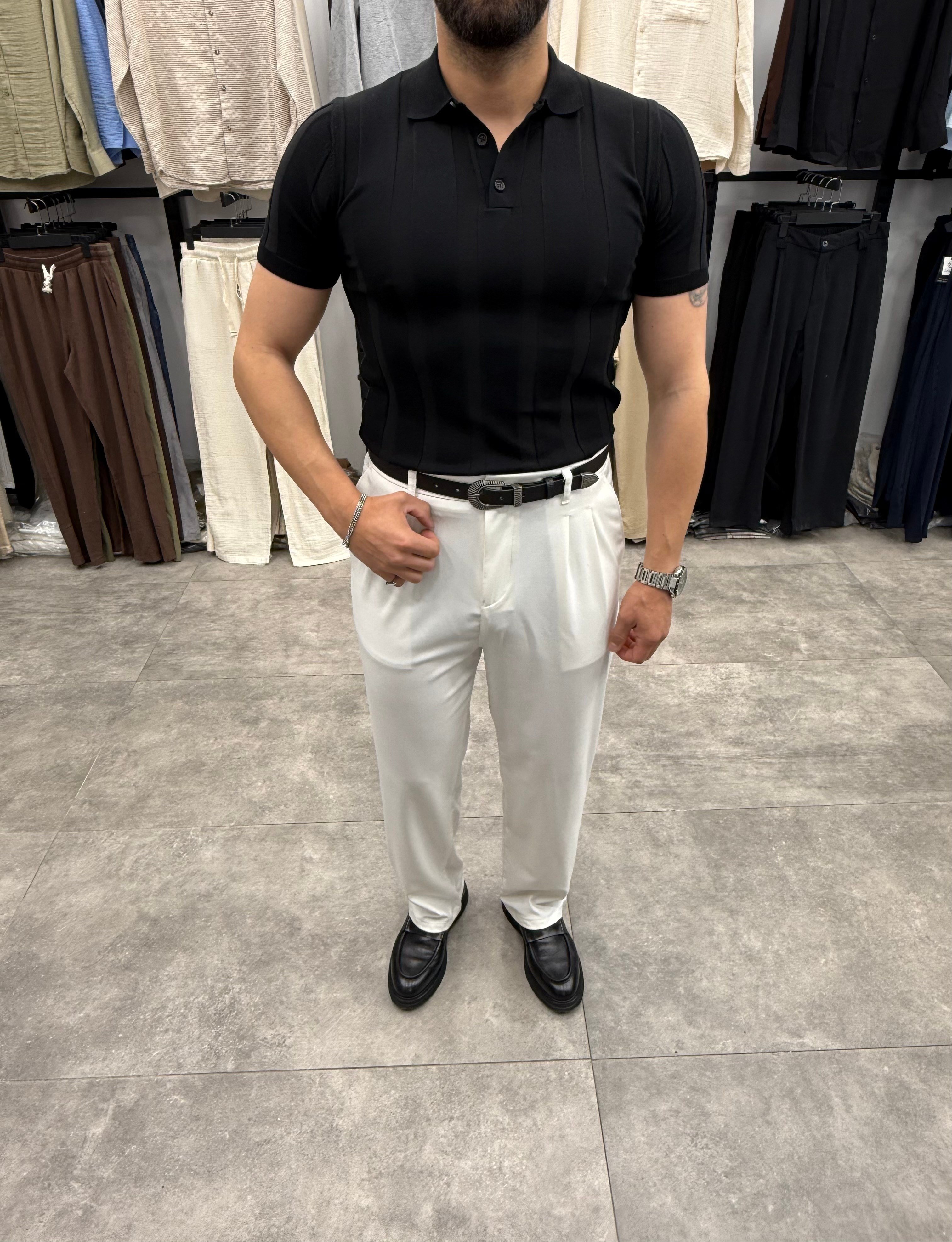 Siyah Regular Fit Dokulu Yaka Düğmeli Polo Tshirt