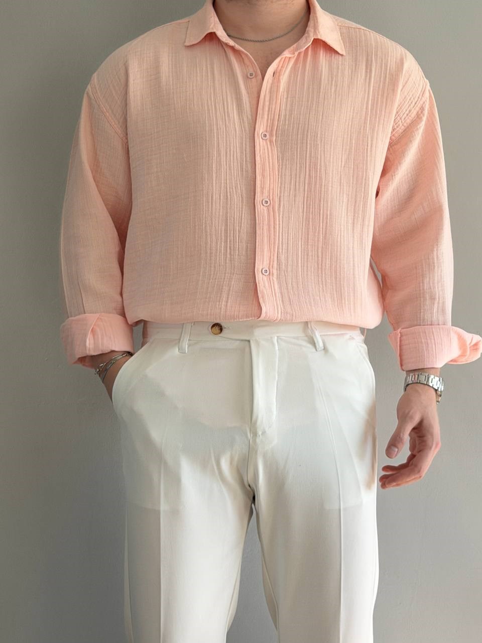 Pembe Müslin Kumaş Oversize Gömlek