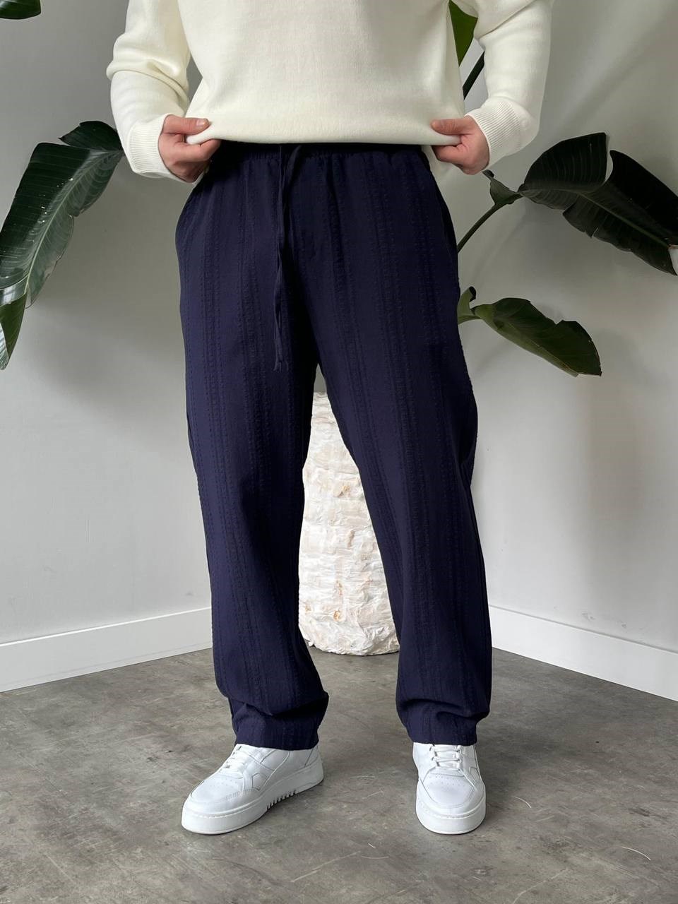 Lacivert Bel Bağcıklı Dokulu Keten Baggy Pantolon