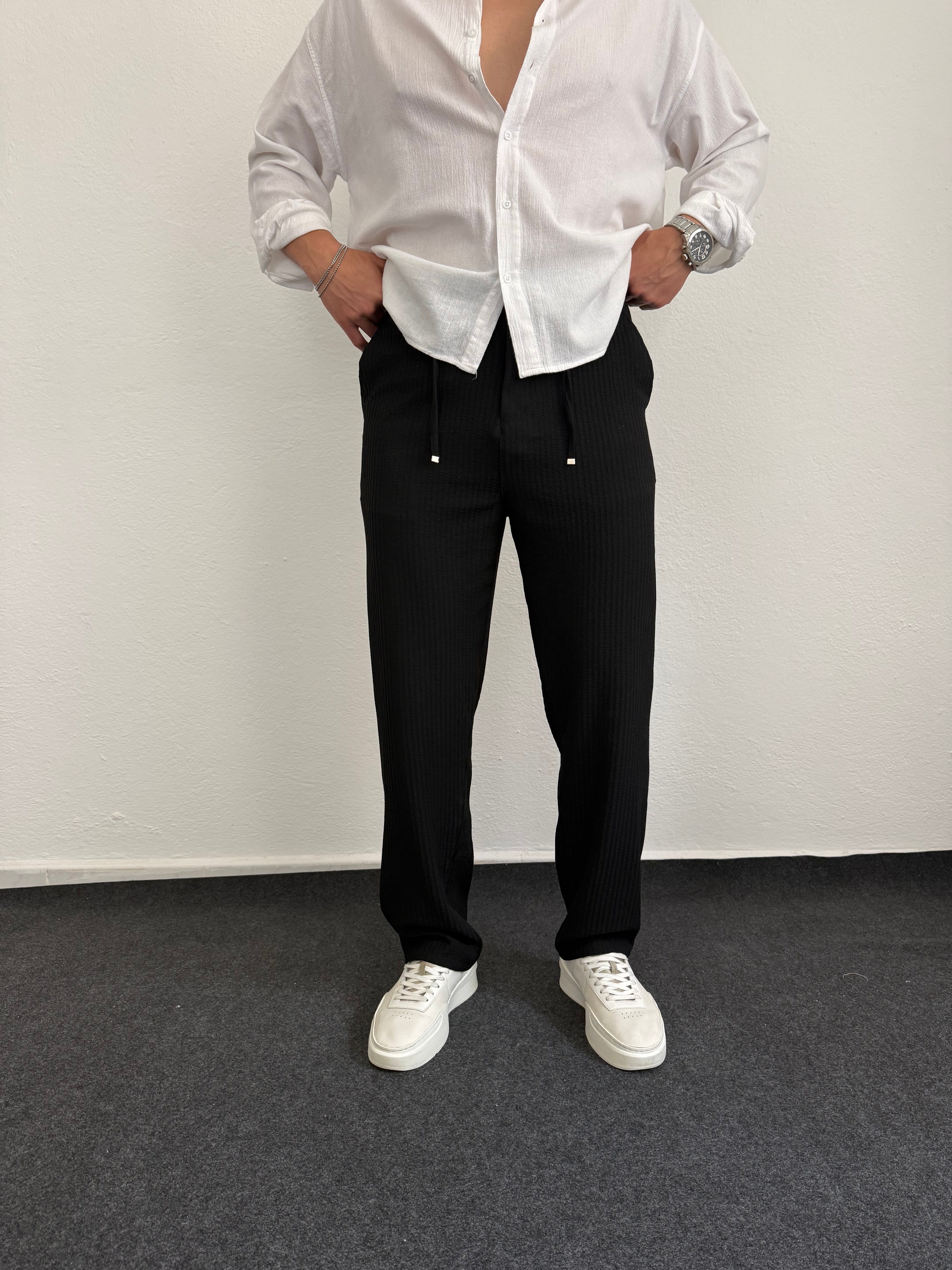Siyah Bel Bağcıklı Jakarlı Baggy Pantolon