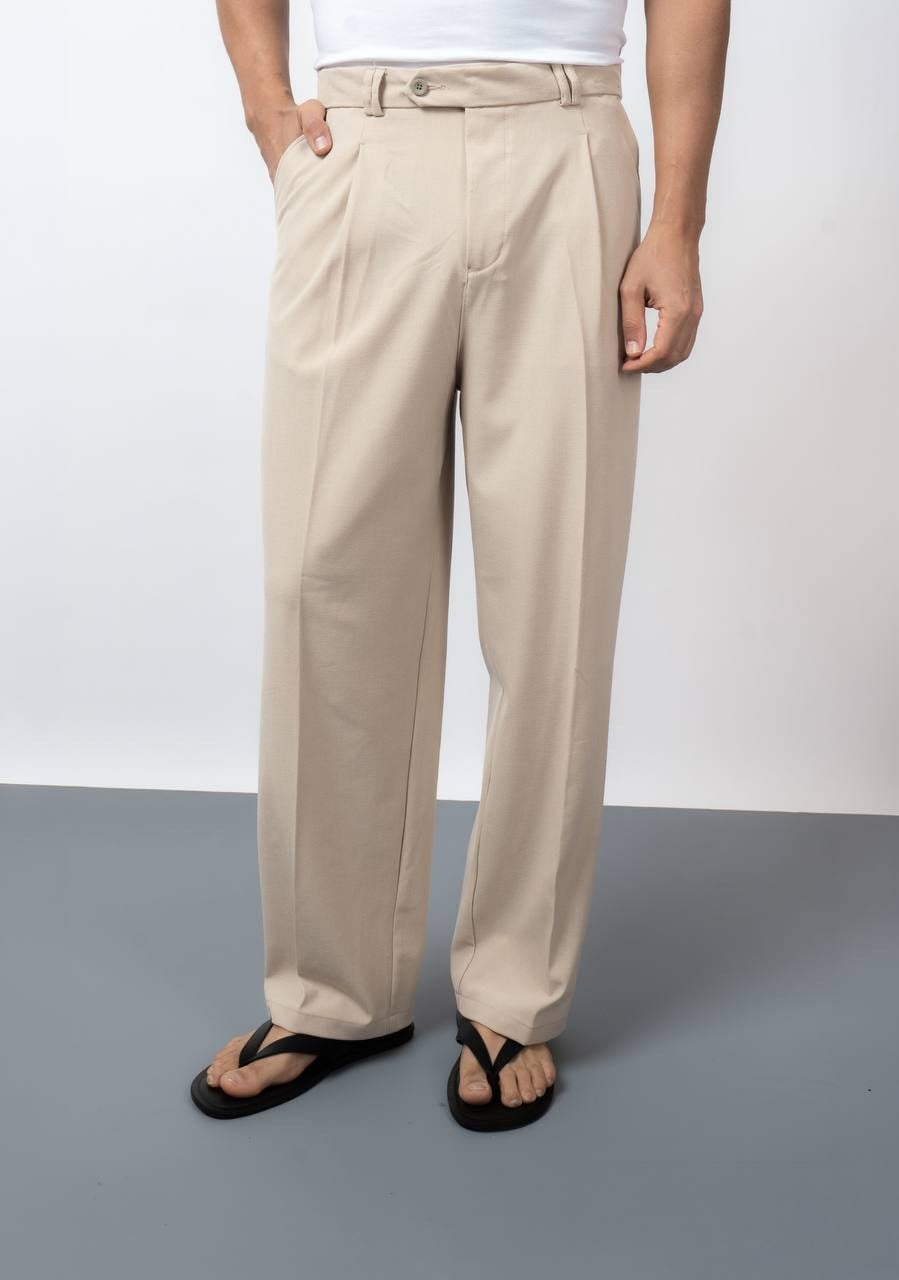 Bej Pileli Süper Baggy Kumaş Pantolon
