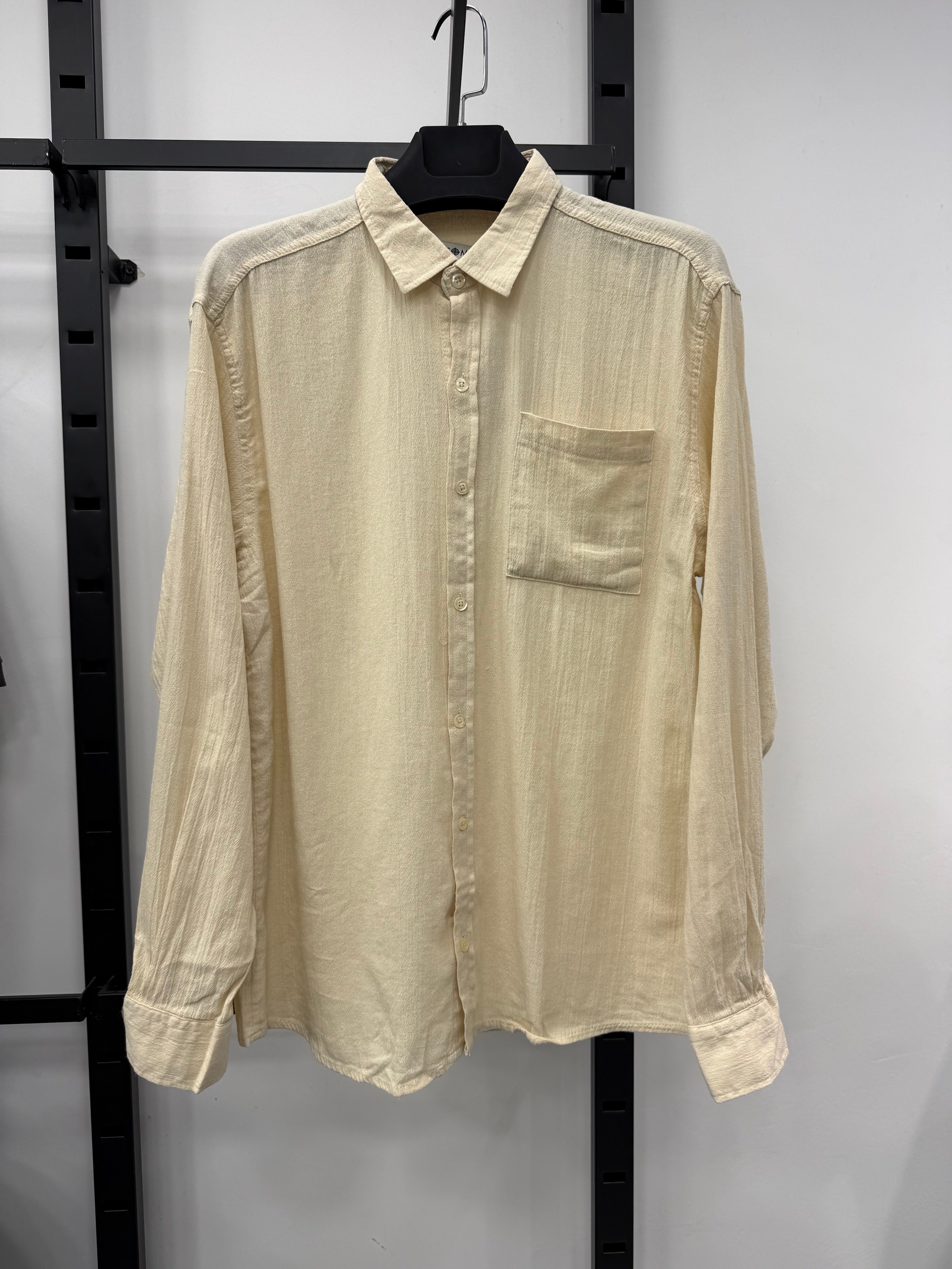 Krem Regular Fit Tek Çepli  Krinkıl Keten Gömlek