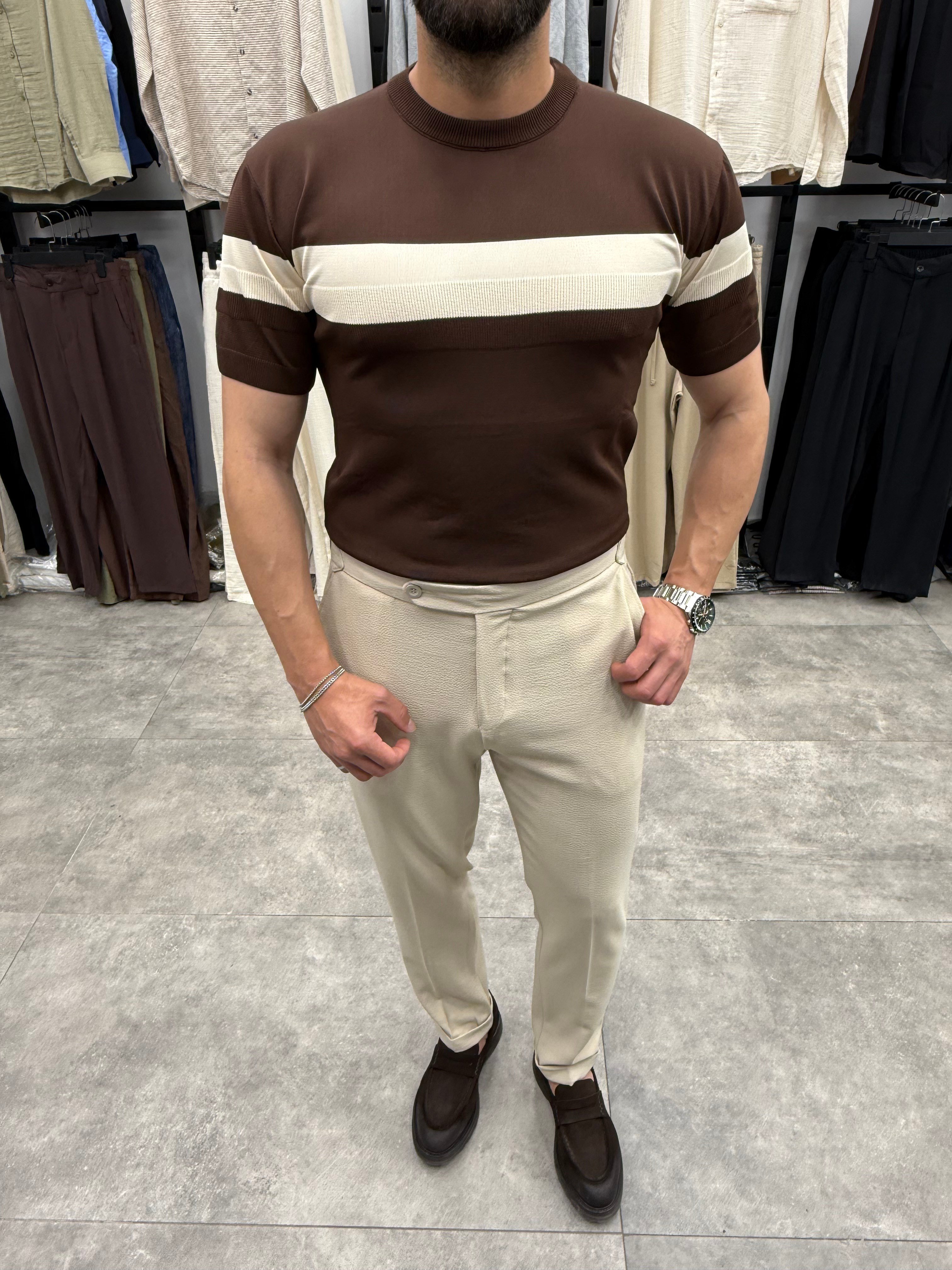 Kahverengi Regular Fit Krem Detaylı Triko Tshirt
