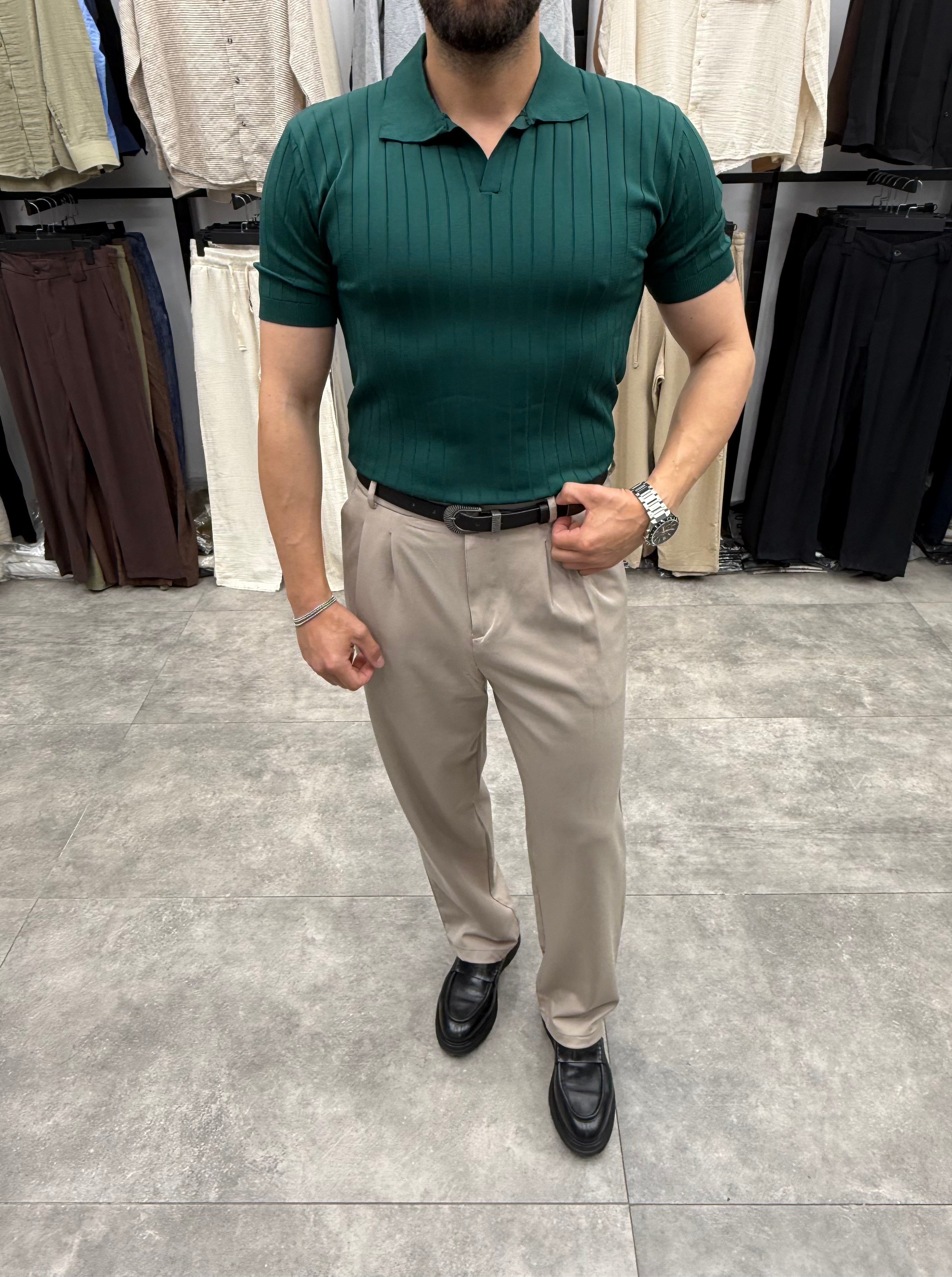 Yeşil Çizgili Rergular Fit Polo Tshirt
