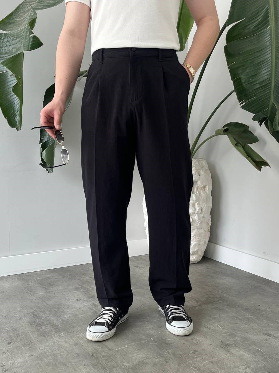 Siyah Pileli Pamuk Keten Baggy Pantolon