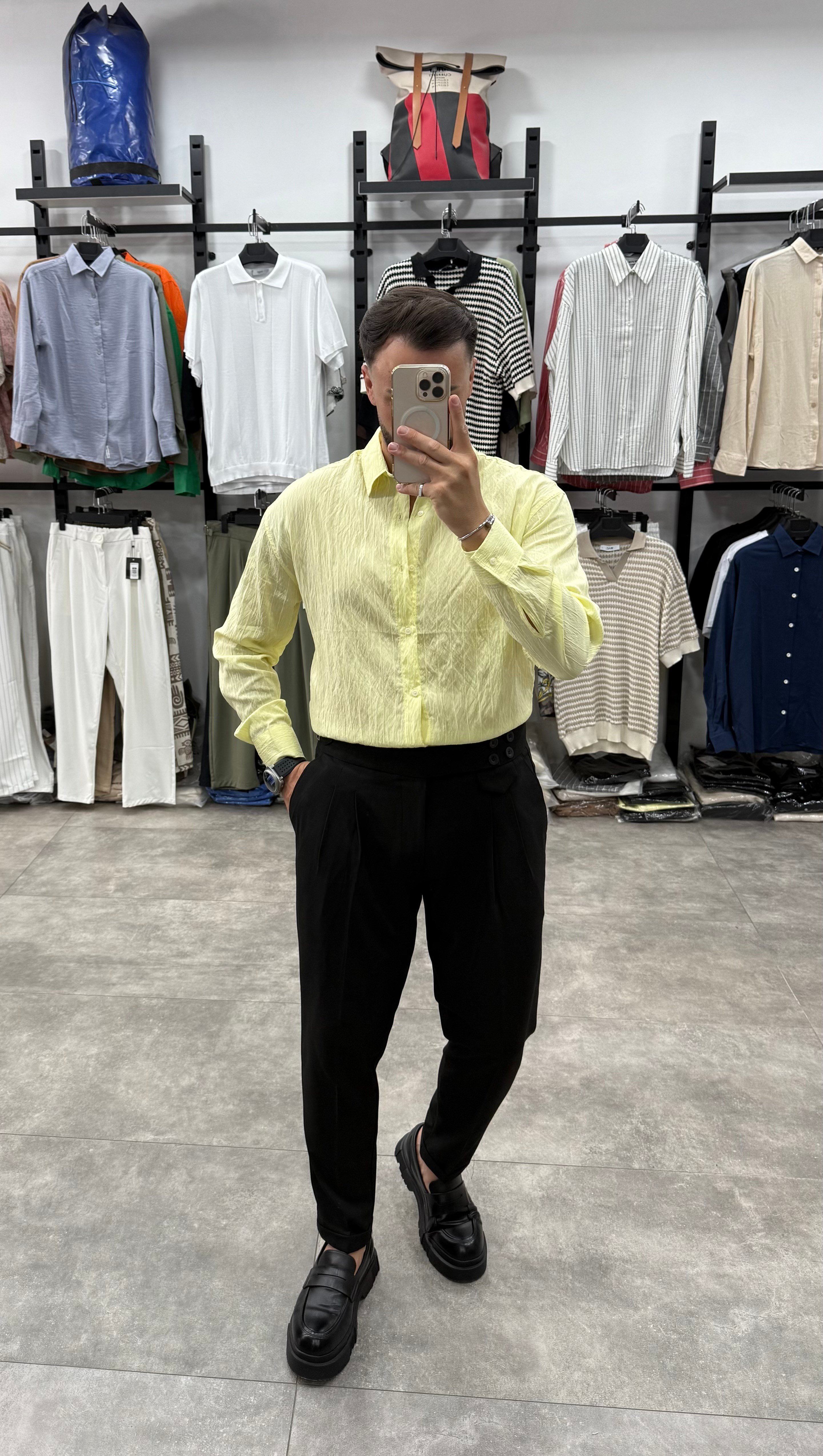 Sarı Oversize Kendinden Çizgili Voile Kumaş Gömlek