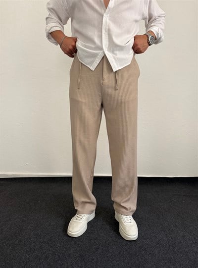 Bej Bel Bağcıklı Jakarlı Baggy Pantolon