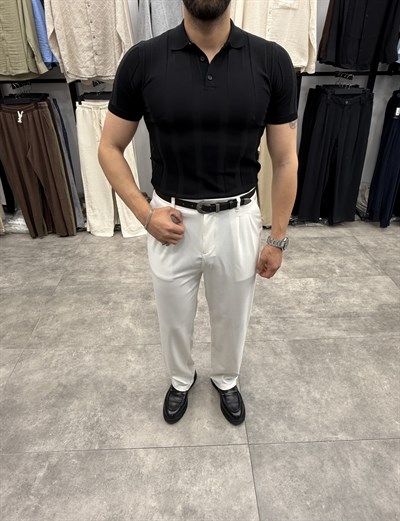 Siyah Regular Fit Dokulu Yaka Düğmeli Polo Tshirt