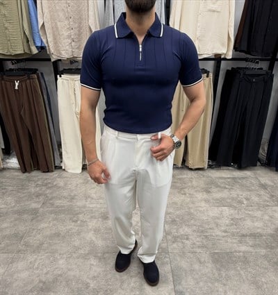 Lacivert Regular Fit Cizgili Fermuarlı Polo Tshirt