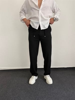 Siyah Bel Bağcıklı Jakarlı Baggy Pantolon