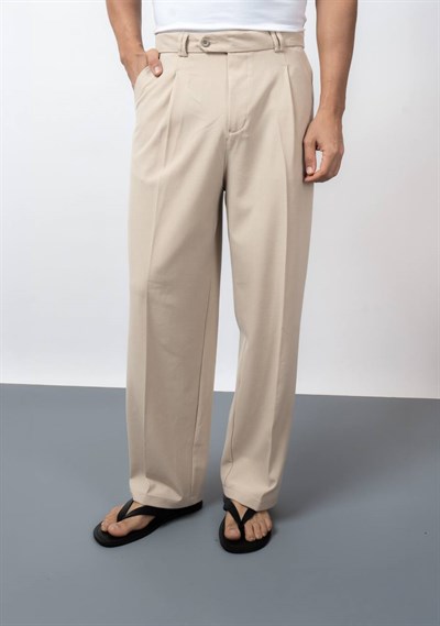 Bej Pileli Süper Baggy Kumaş Pantolon