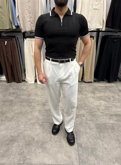 Siyah Regular Fit Cizgili Fermuarlı Polo Tshirt