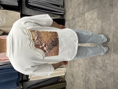 Ekru  Halı Desenli Oversize Tshirt
