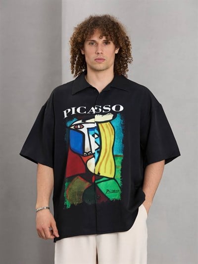 Siyah Picasso Dijital Baskılı Oversize Kısa kol Gömlek