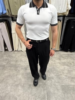 Beyaz Siyah Yaka Ragular Fit Polo Tshirt