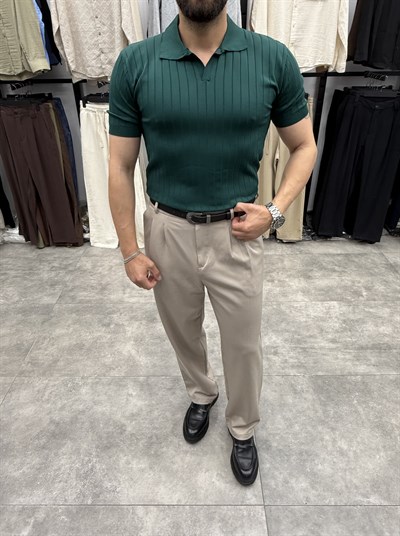 Yeşil Çizgili Rergular Fit Polo Tshirt