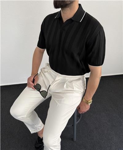 Erkek Yarım Pat Yaka Dikey Şerit Detaylı Beli Lastikli Standart Fit Normal Kesim Triko T-Shirt