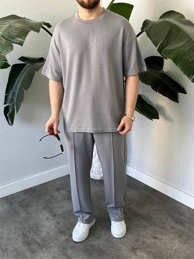 Gri Bisiklet Yaka Oysho Kumas Oversize Tshirt