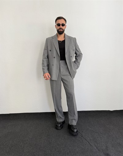 Gri  Oversize  Çizgili Kruvaze Takım Elbise