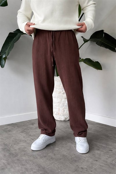 Kahverengi Bel Bağcıklı Dokulu Keten Baggy Pantolon