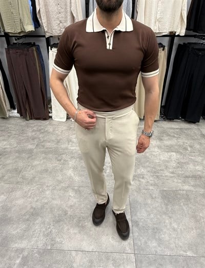 Kahverengi  Krem Yaka Ragular Fit Polo Tshirt