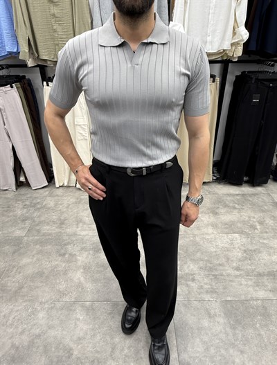Gri Çizgili Regular Fit Polo Tshirt