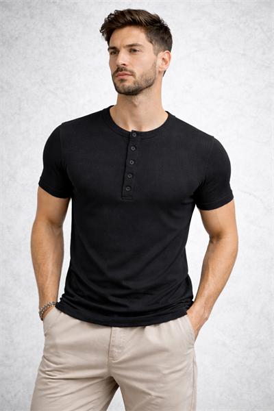 Siyah Düğmeli Yaka Likralı Slim Fit Tişört