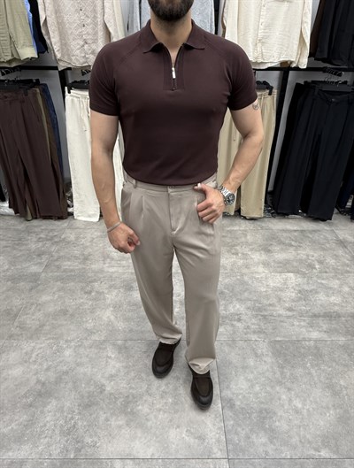 Kahverengi Regular Fit Yaka Fermuarlı Polo Thirt