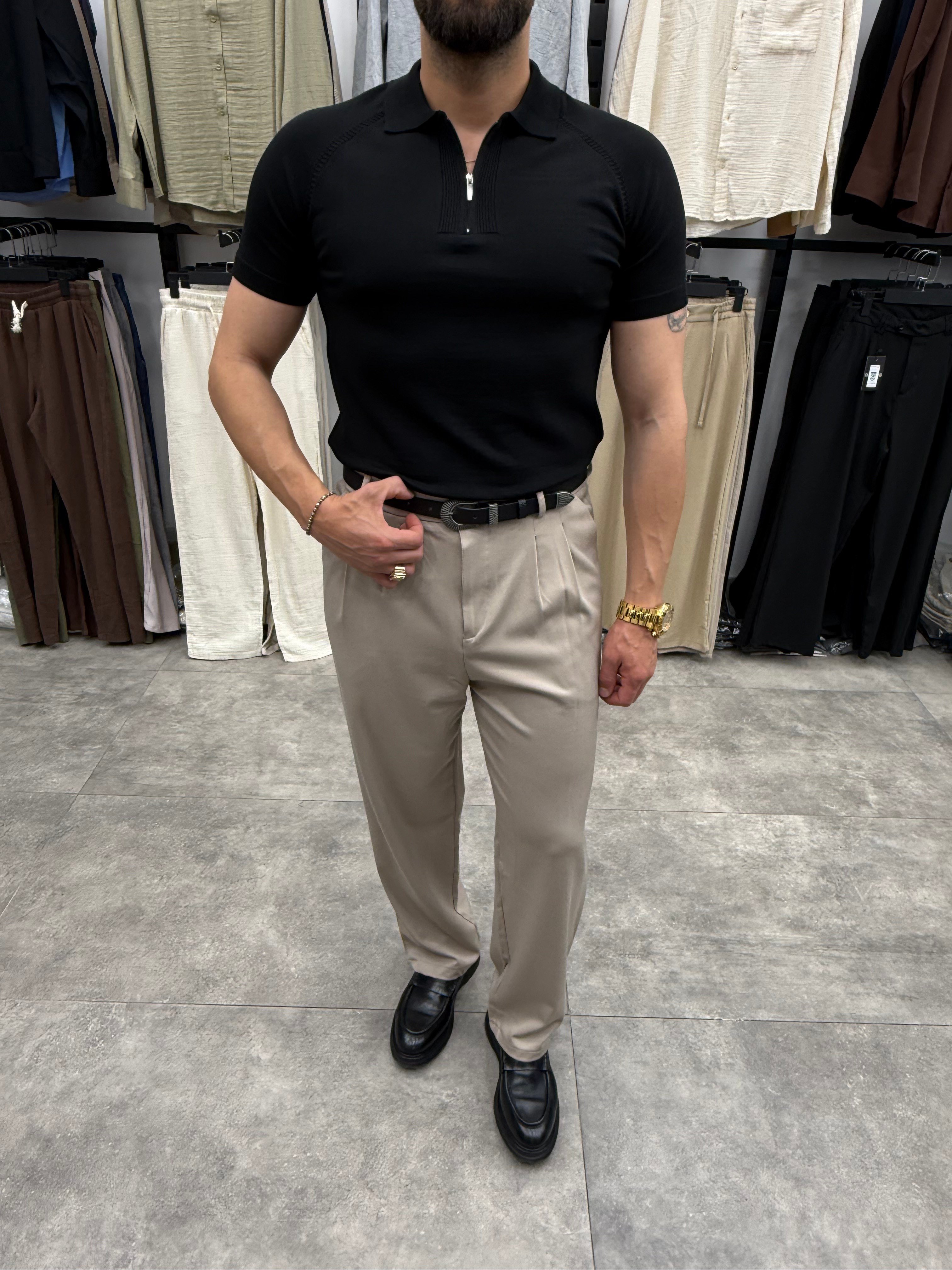 Siyah Regular Fit Yaka Fermuarlı Polo Tshirt