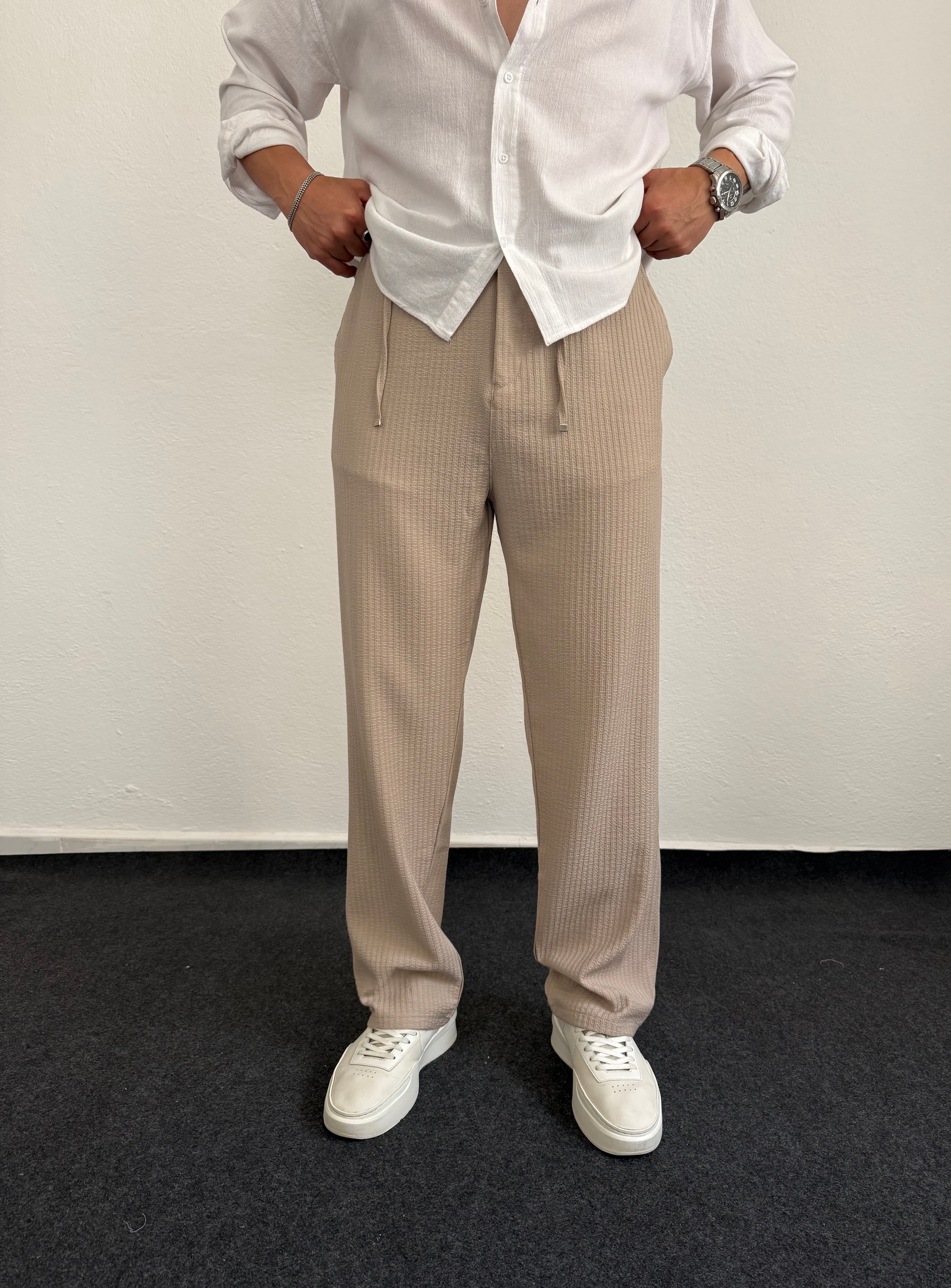 Bej Bel Bağcıklı Jakarlı Baggy Pantolon