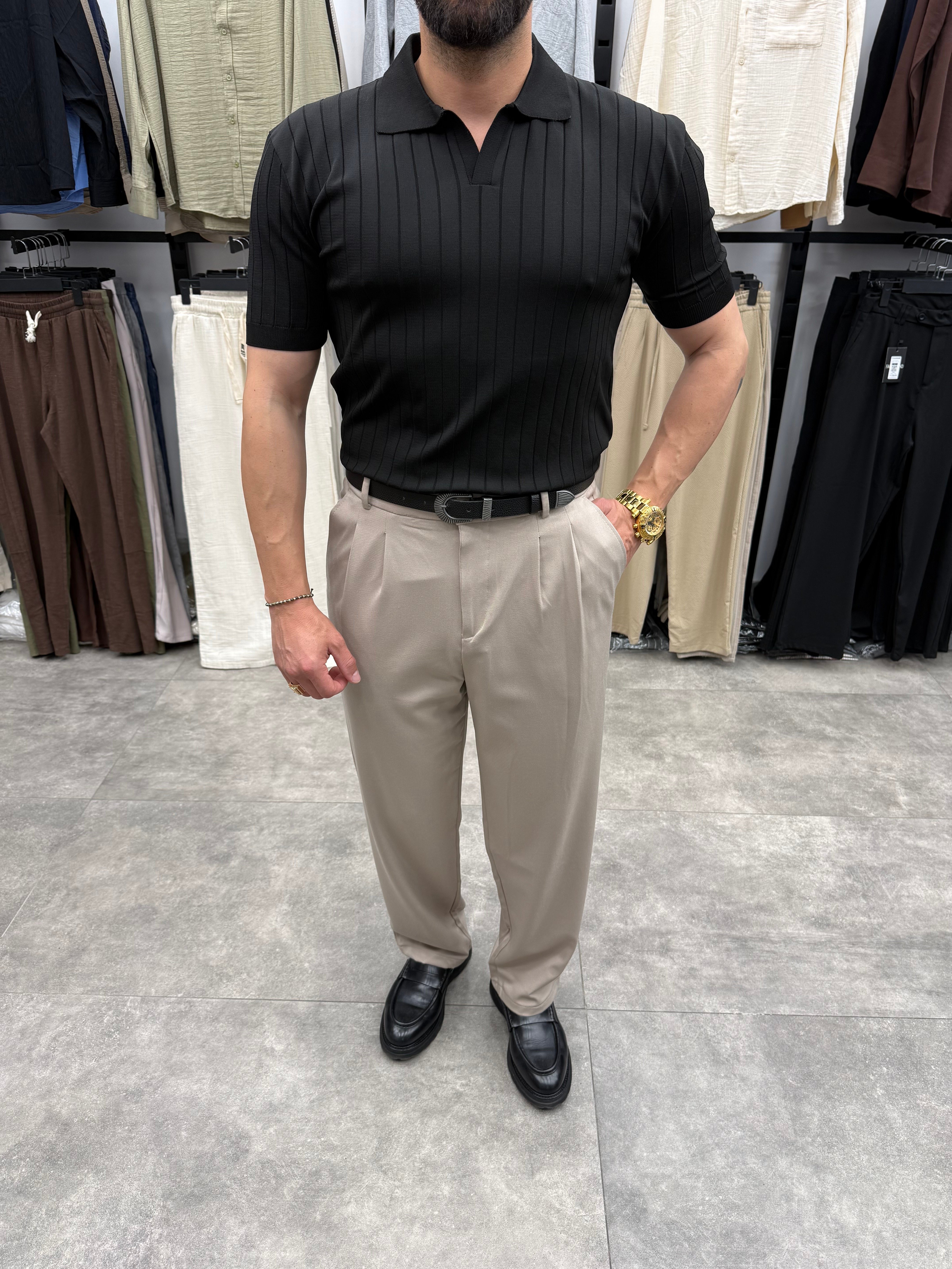 Siyah Çizgili Rergular Fit Polo Tshirt