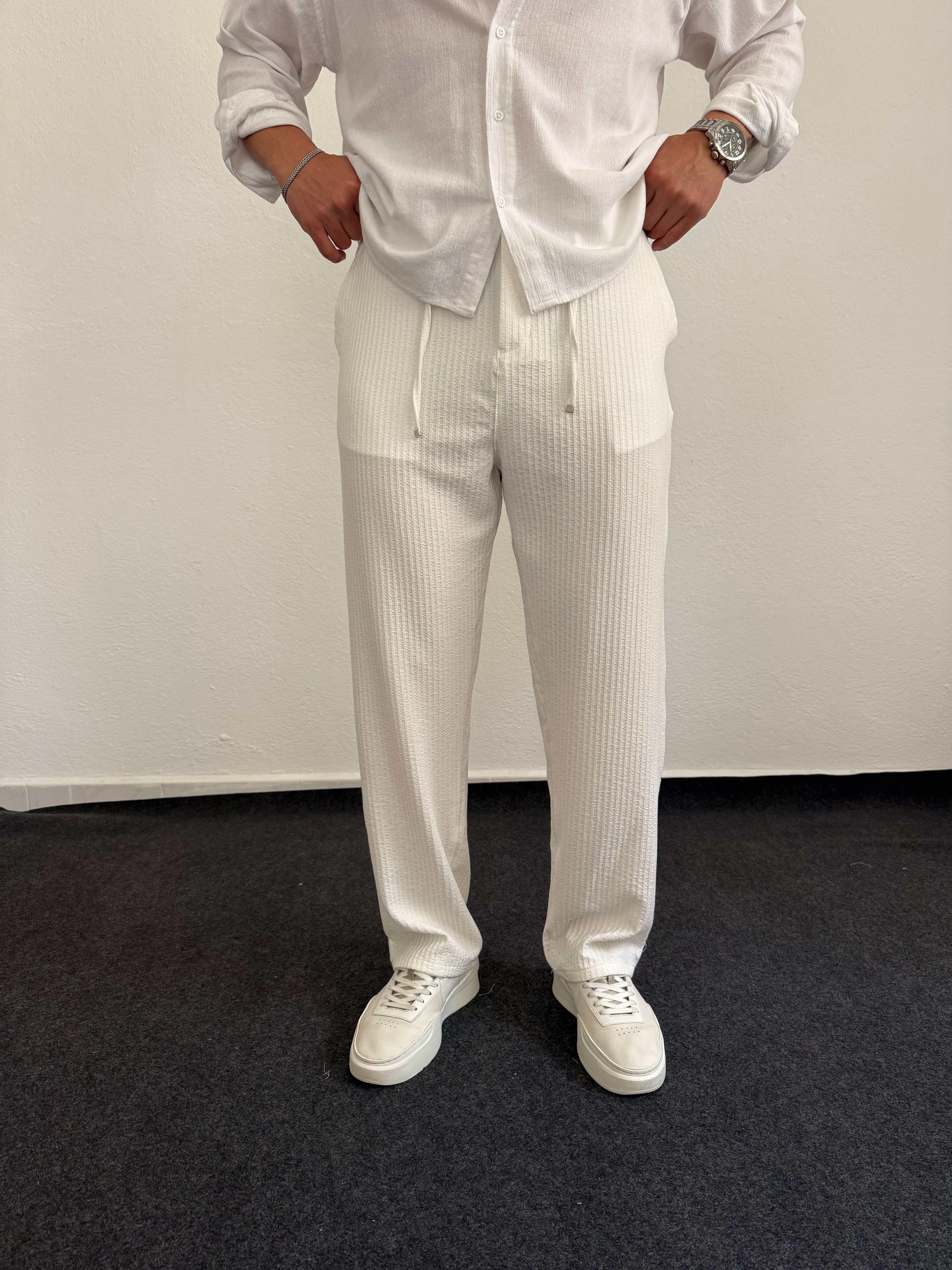 Beyaz Bel Bağcıklı Jakarlı Baggy Pantolon
