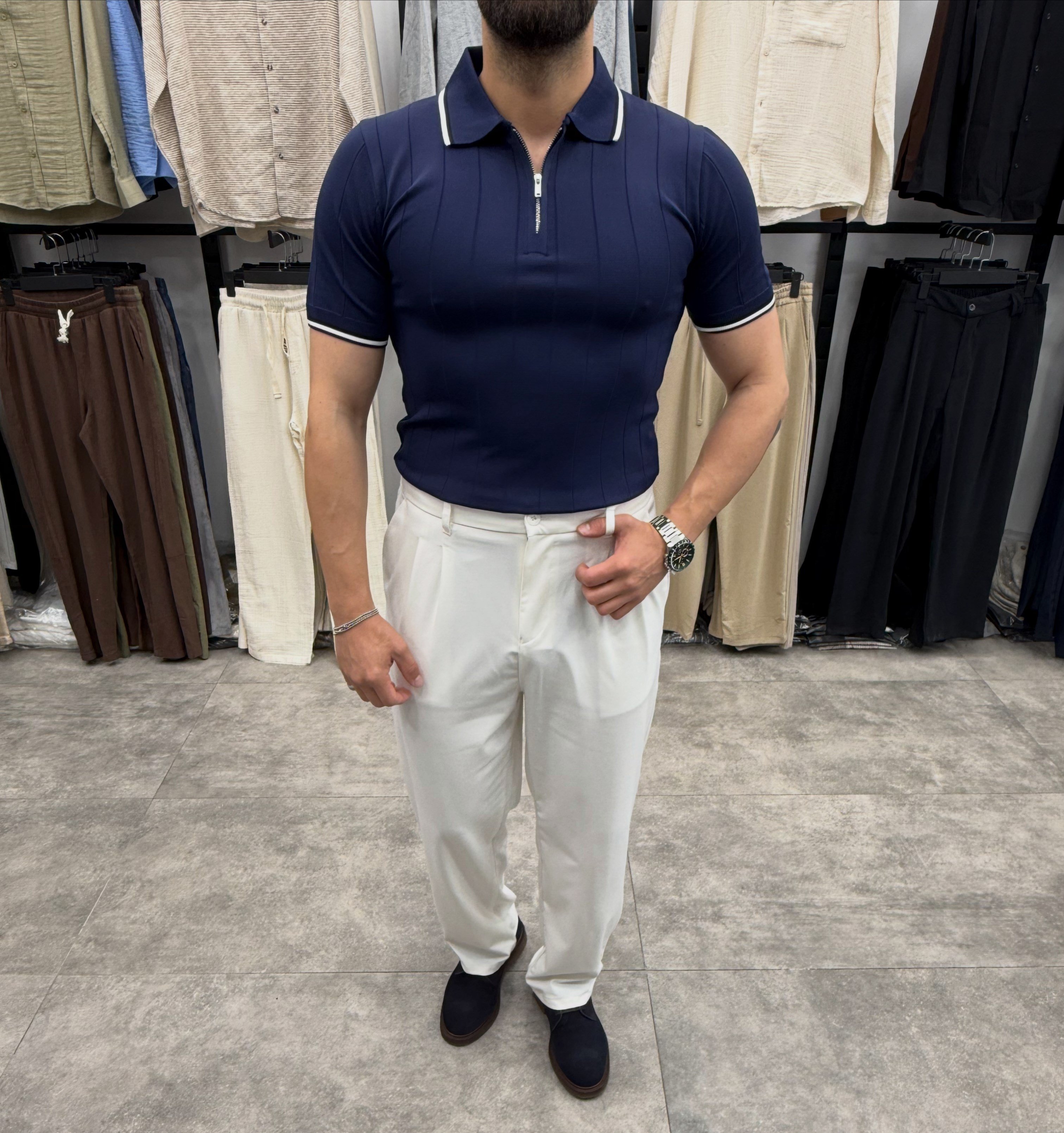 Lacivert Regular Fit Cizgili Fermuarlı Polo Tshirt