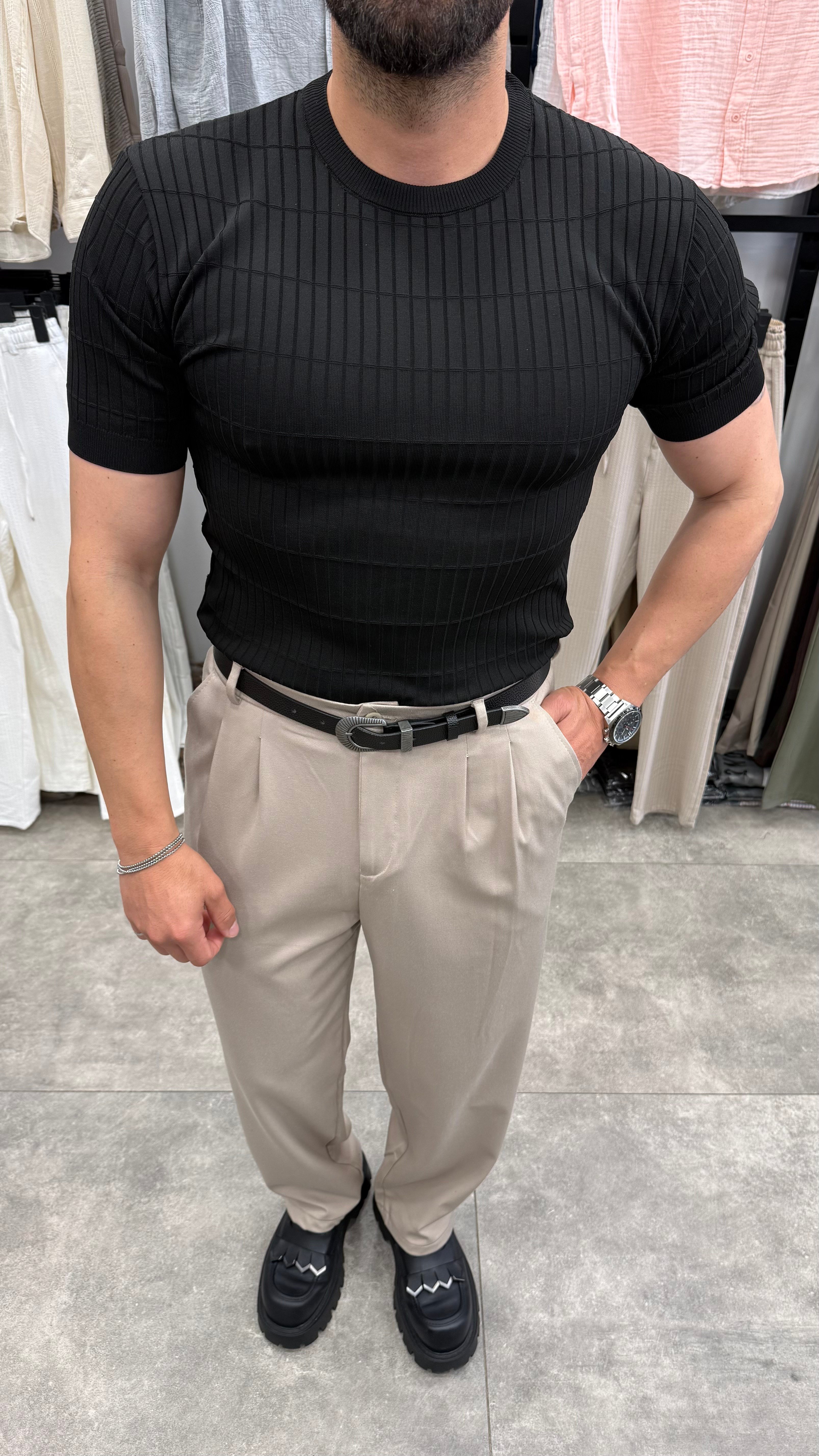 Siyah Regular Fit Çizgili Triko Tshirt