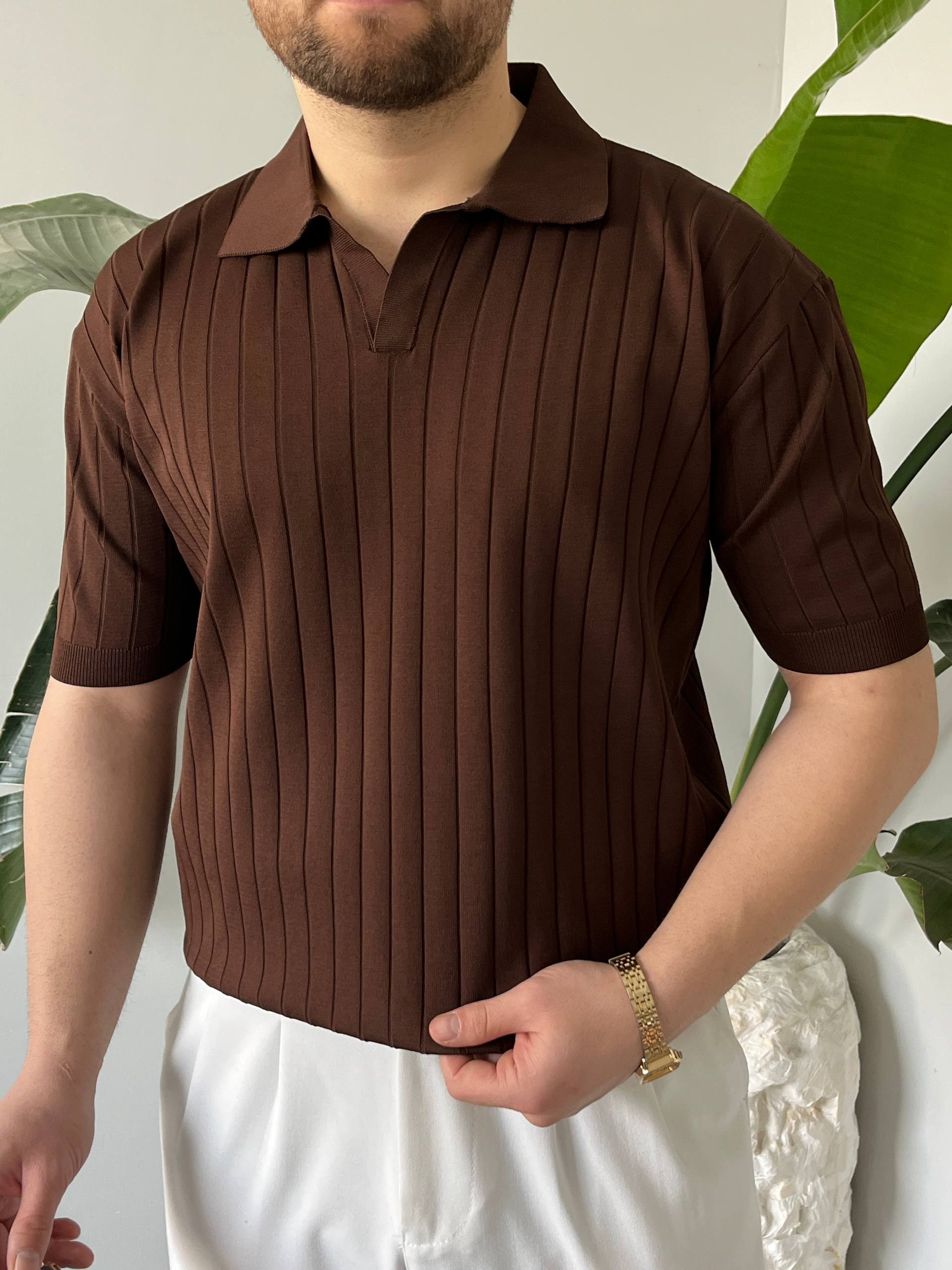 Kahverengi Çizgili Regular Fit Polo Tshirt