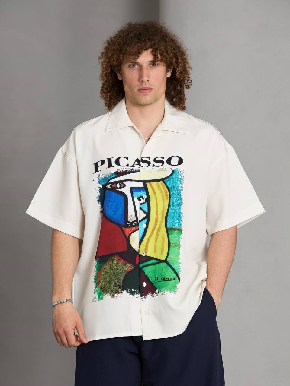 Krem Picasso Dijital Baskılı Oversize Kısa kol Gömlek