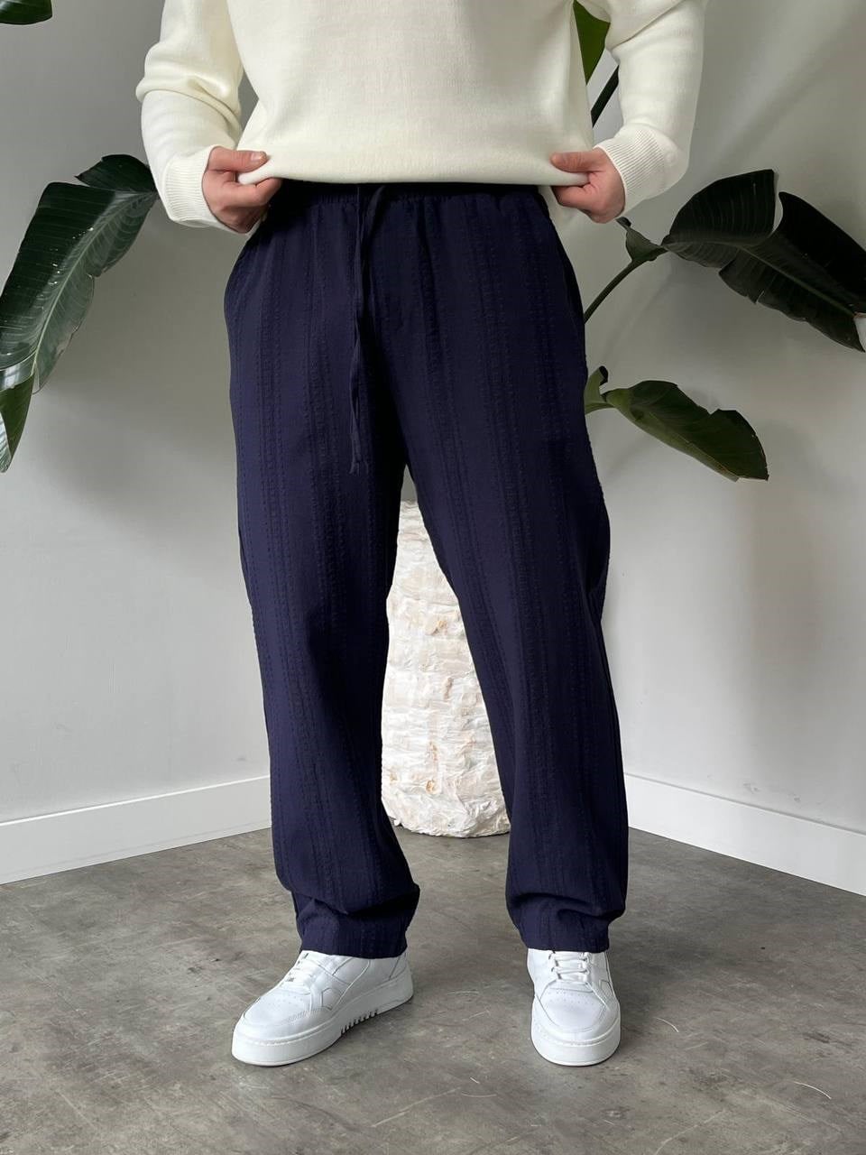 Lacivert Bel Bağcıklı Dokulu Keten Baggy Pantolon