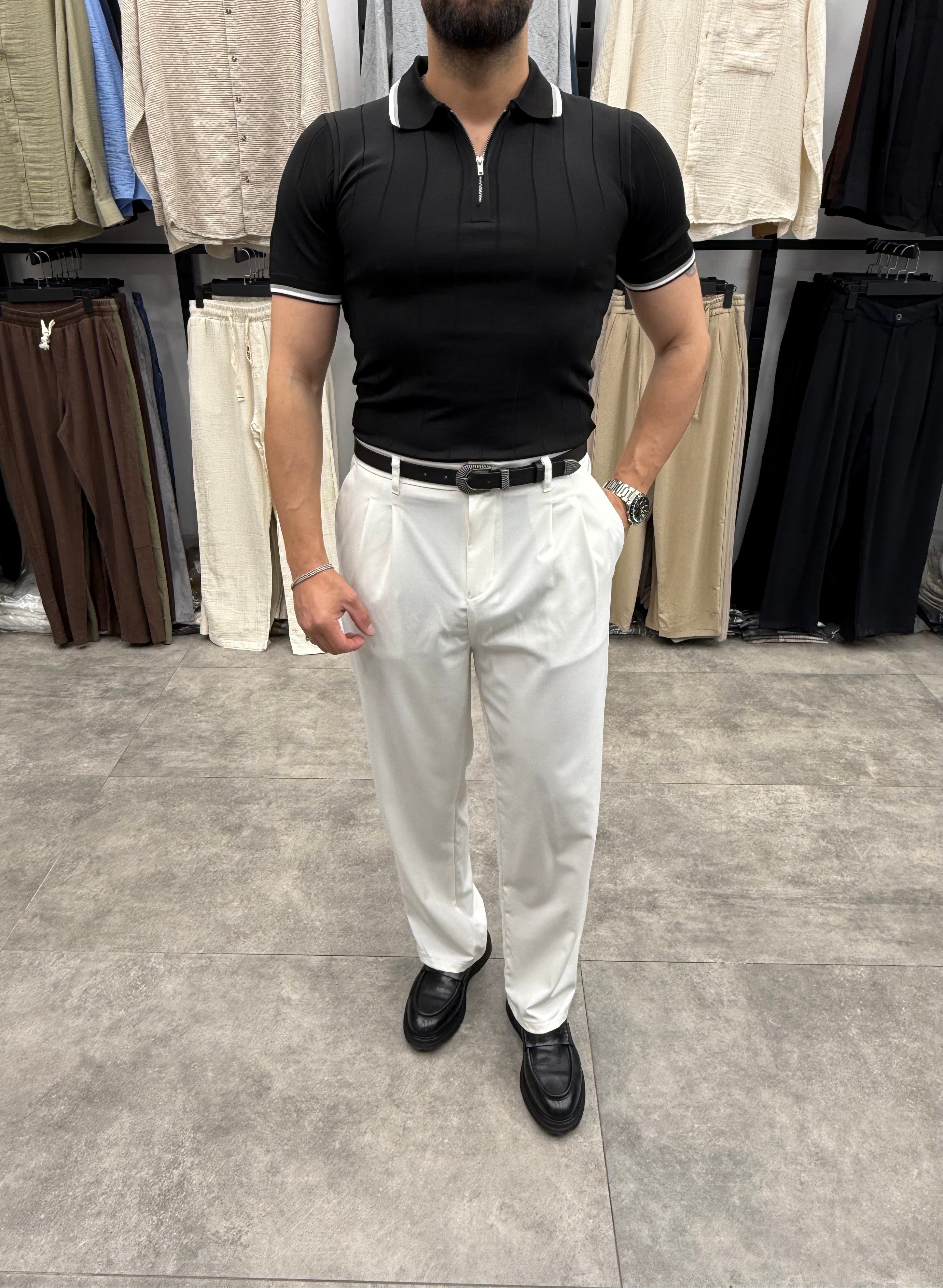 Siyah Regular Fit Cizgili Fermuarlı Polo Tshirt