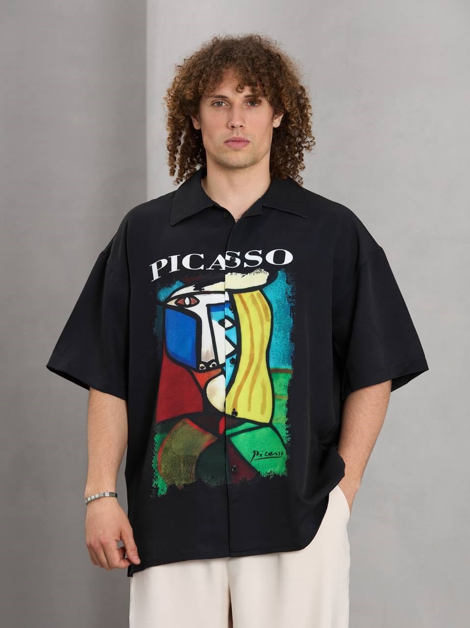 Siyah Picasso Dijital Baskılı Oversize Kısa kol Gömlek