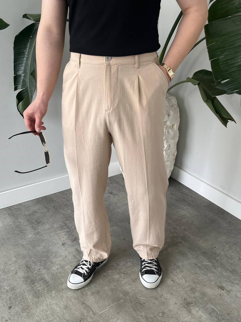 Bej Pileli Pamuk Keten Baggy Pantolon