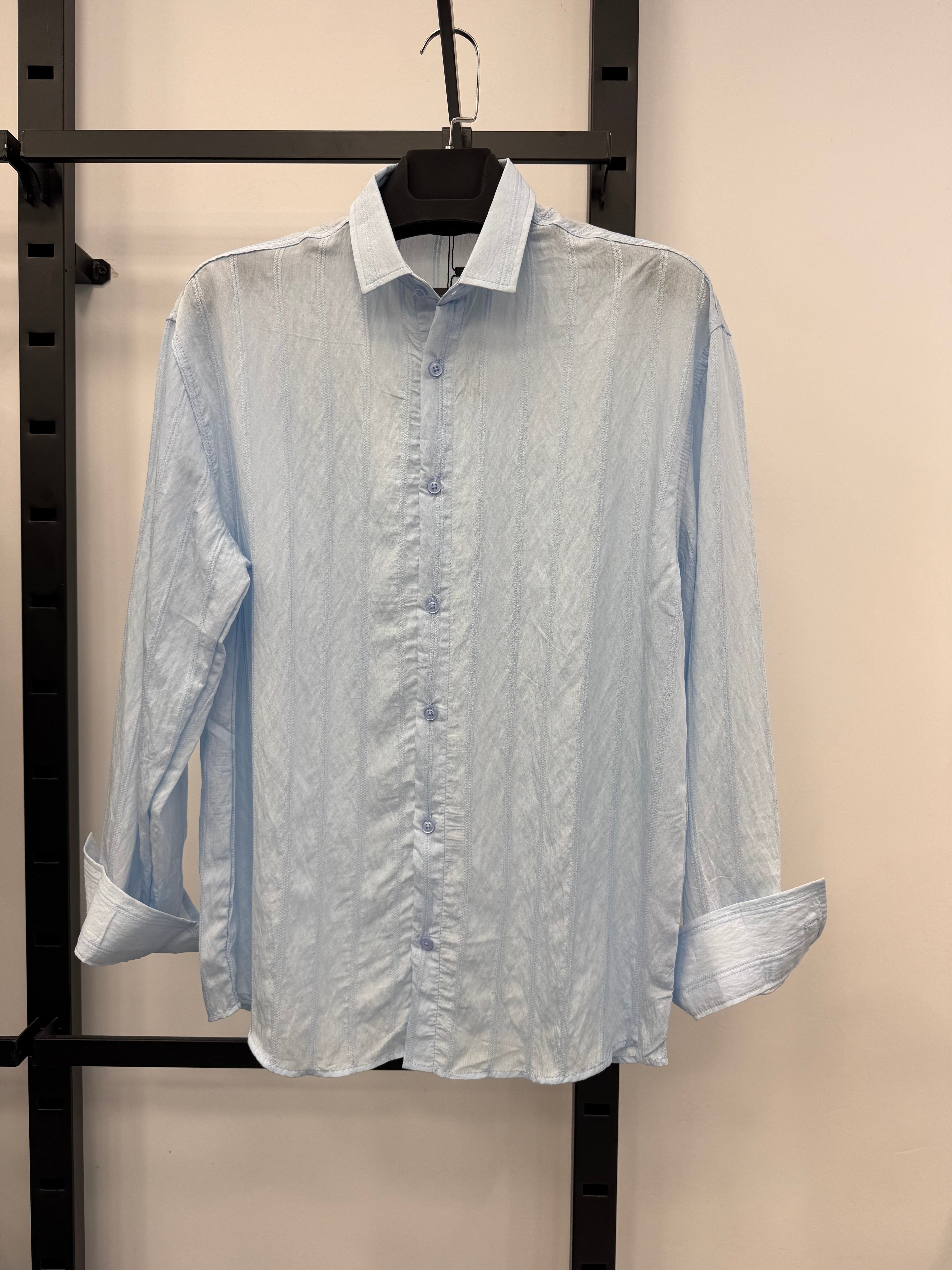 Bebe Mavisi  Çizgili Krinkıl Voile Oversize Gömlek