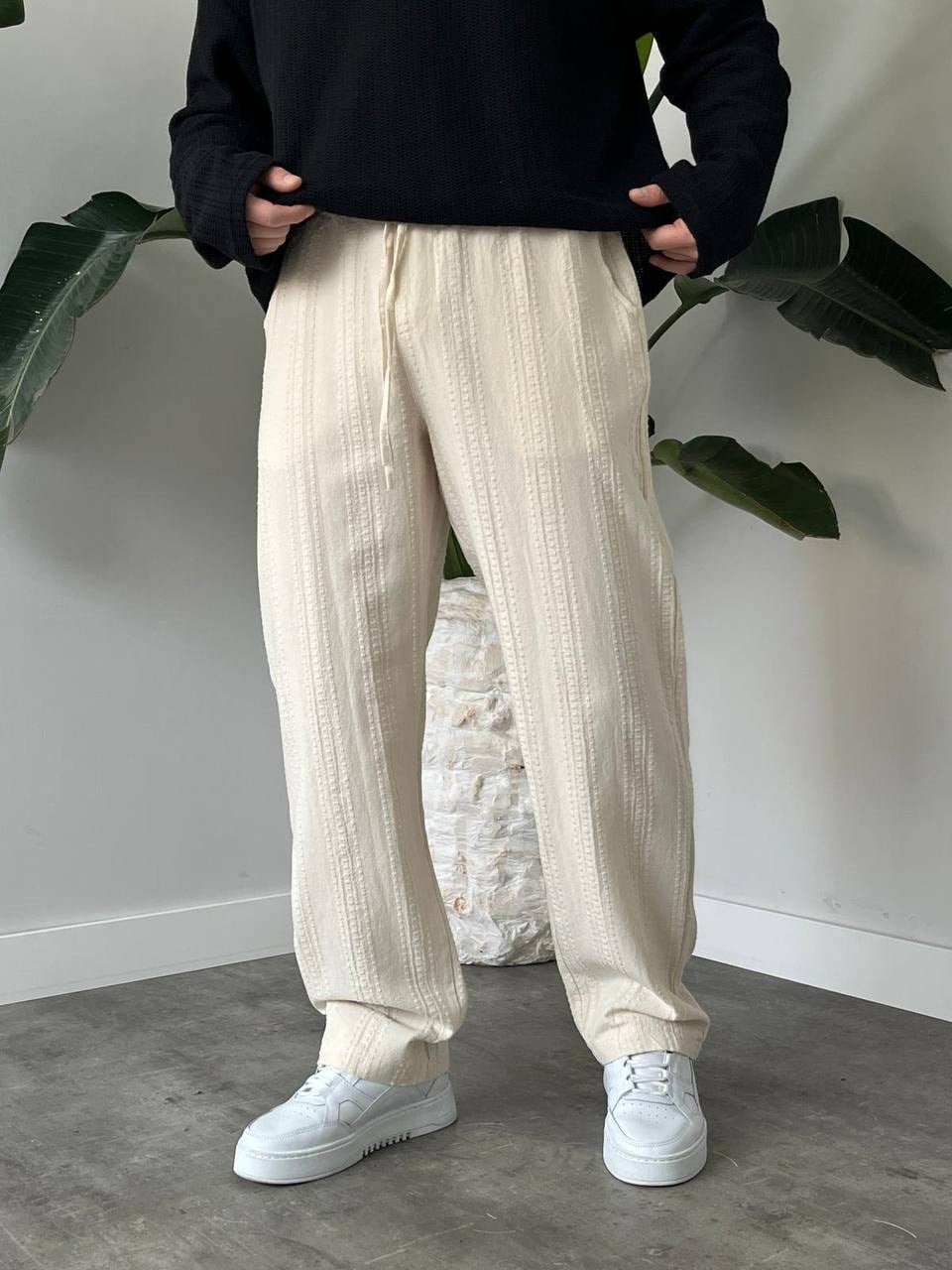 Bej Bel Bağcıklı Dokulu Keten Baggy Pantolon